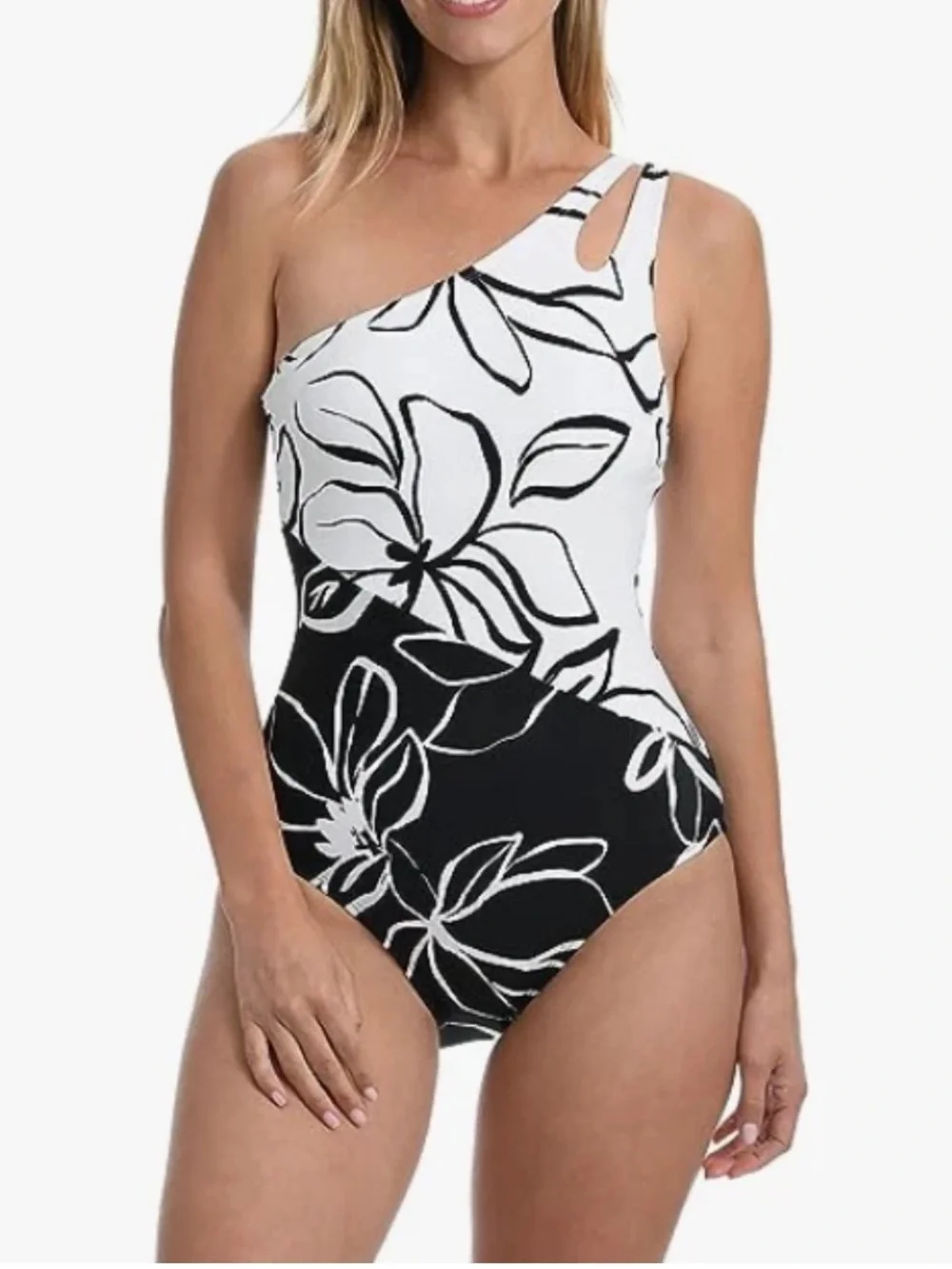 🟠NWT LA BLANCA Moonlit Silhouette One Shoulder Keyhole Swimsuit in Black/White